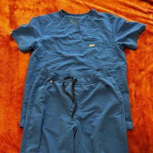 Royal Blue Figs Leon scrub top and Tansen scrub pants